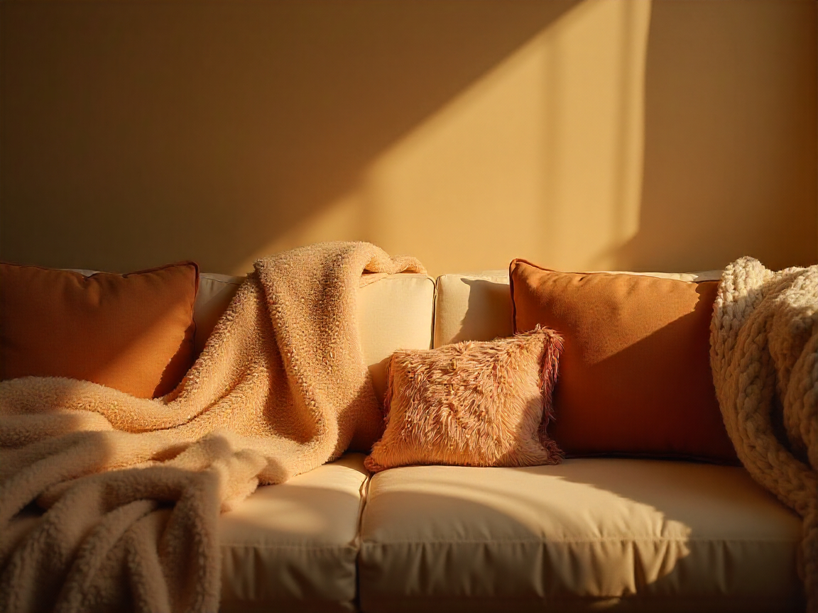 Beautiful textile arrangements including throw pillows and decorative fabrics